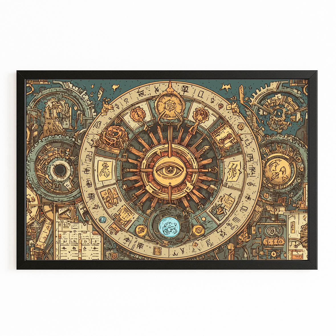 Astral Gear Mandala Steampunk Wall Art – with Premium Black frame on white background