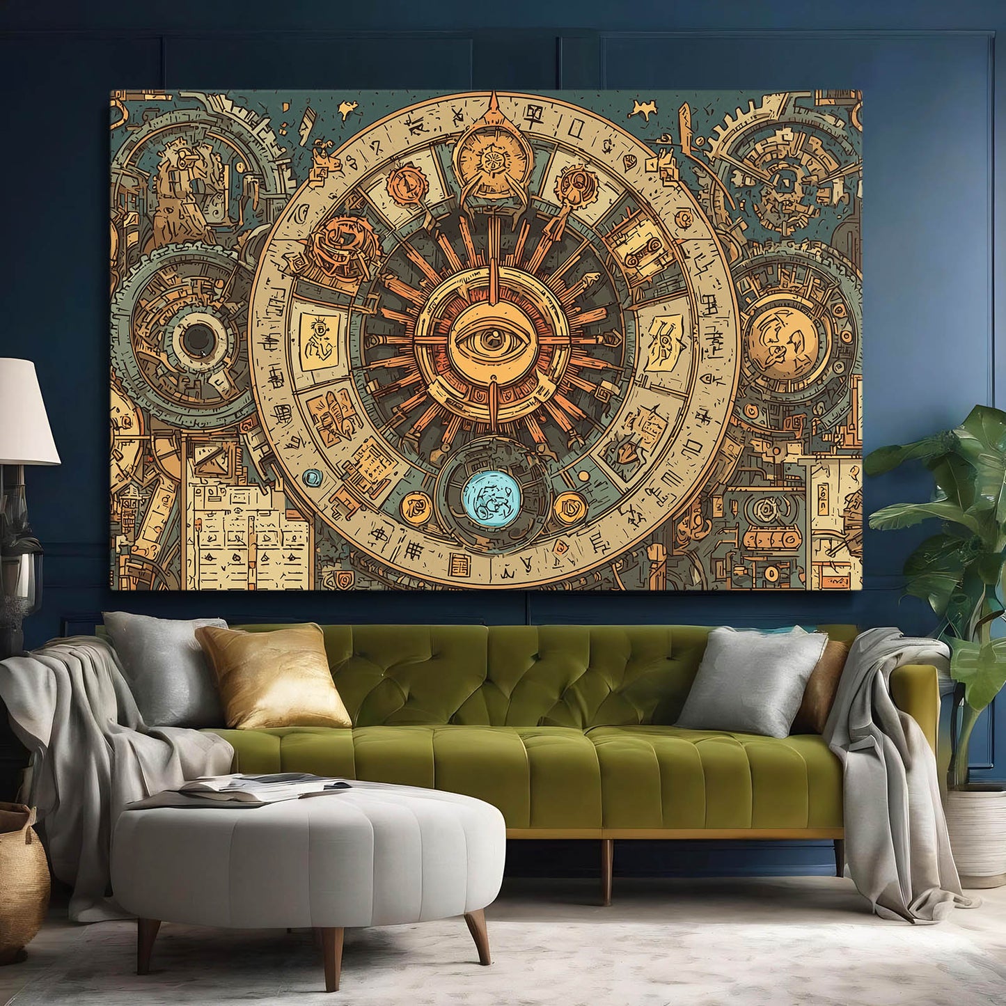 Astral Gear Mandala Steampunk Wall Art – styled in a furnished interior