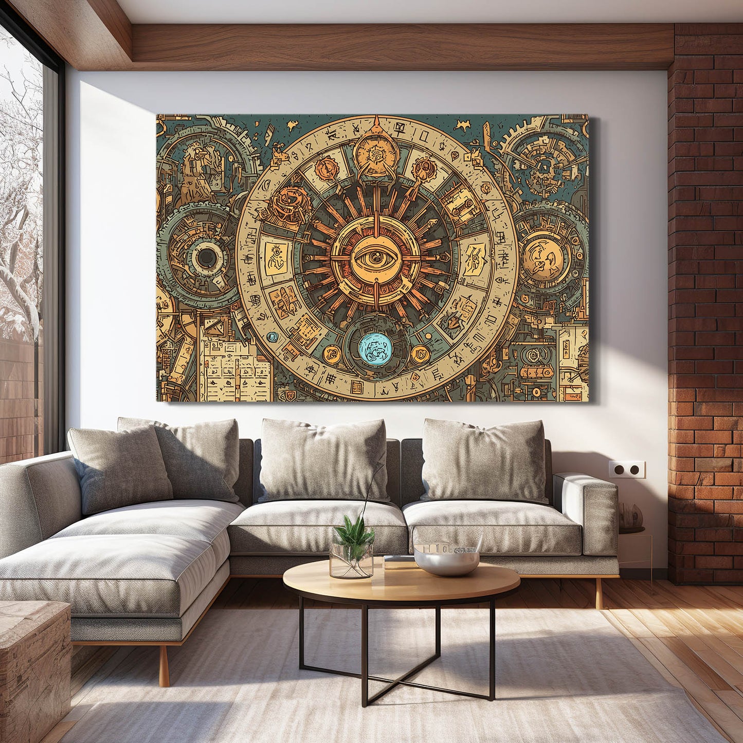 Astral Gear Mandala Steampunk Wall Art – styled in a furnished interior