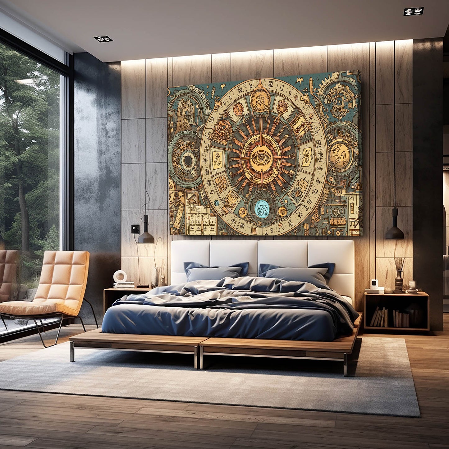Astral Gear Mandala Steampunk Wall Art – styled in a furnished interior