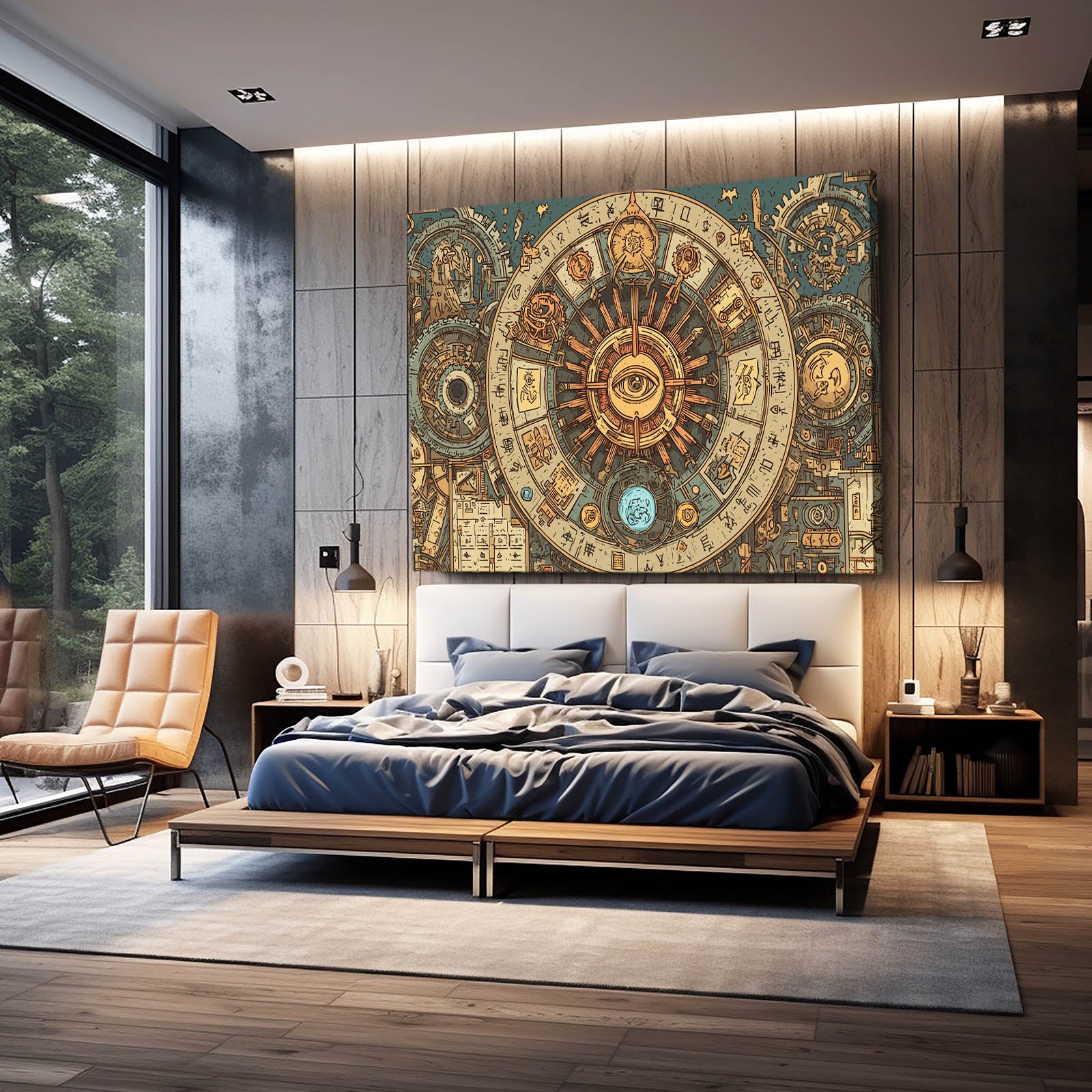 Astral Gear Mandala Steampunk Wall Art – styled in a furnished interior