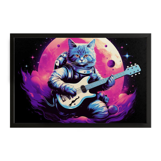 Astronaut Cat With Guitar Art — digital canvas print in pink tones, with Premium Black frame on white background