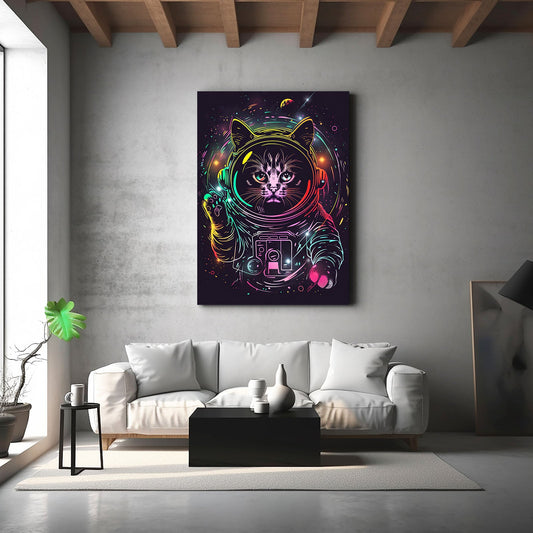 Astronaut Neon Cat Wall Art — digital canvas print in purple tones, view 3