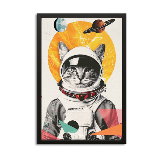 Atomic Cat Wall Art — contemporary canvas print in orange tones, with Premium Black frame on white background