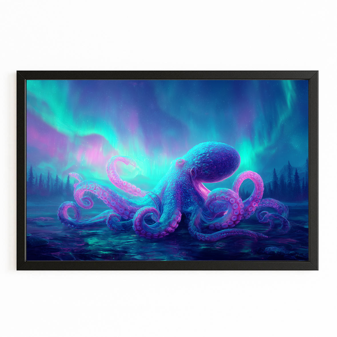 Aurora Glow Reef Octopus Canvas Art – with Premium Black frame on white background