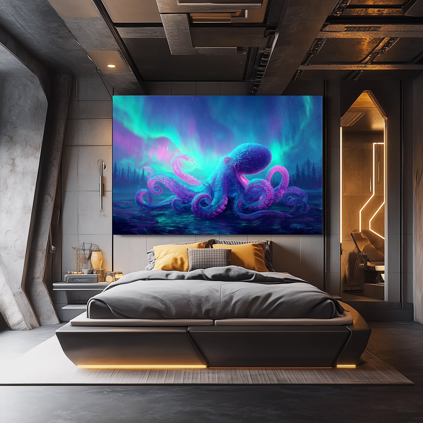 Aurora Glow Reef Octopus Canvas Art – styled in a furnished interior