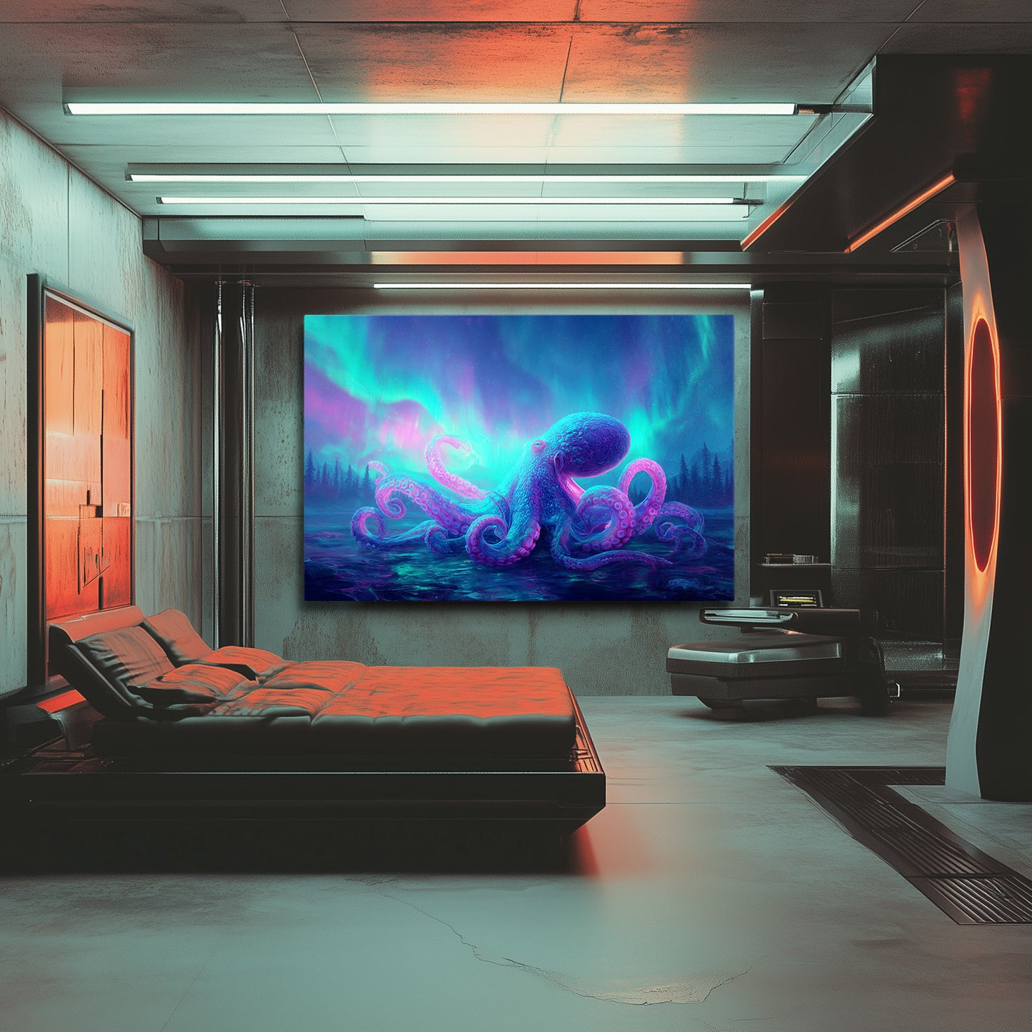 Aurora Glow Reef Octopus Canvas Art – styled in a furnished interior