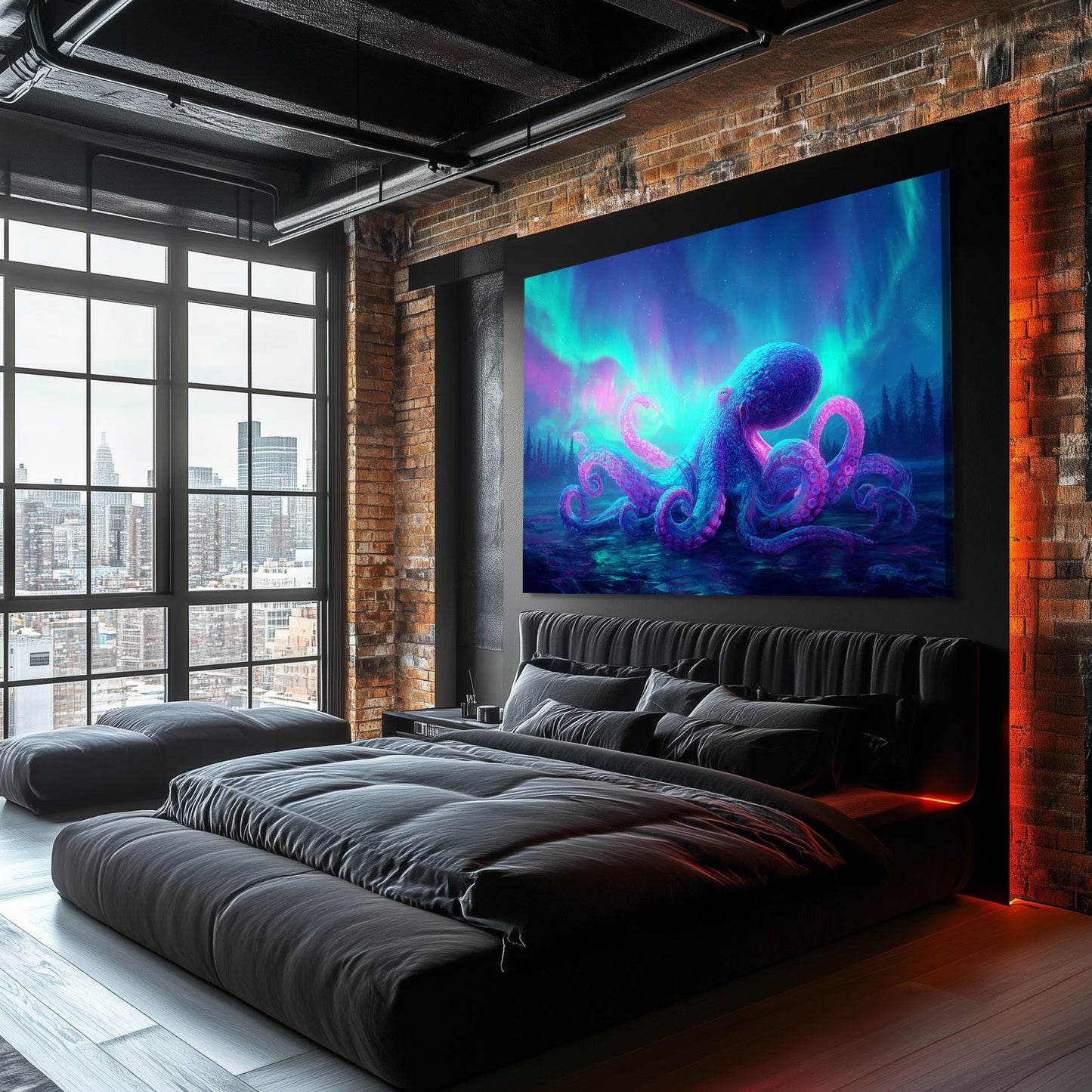 Aurora Glow Reef Octopus Canvas Art – styled in a furnished interior