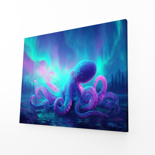 Aurora Glow Reef Octopus Canvas Art – angled canvas view on white background