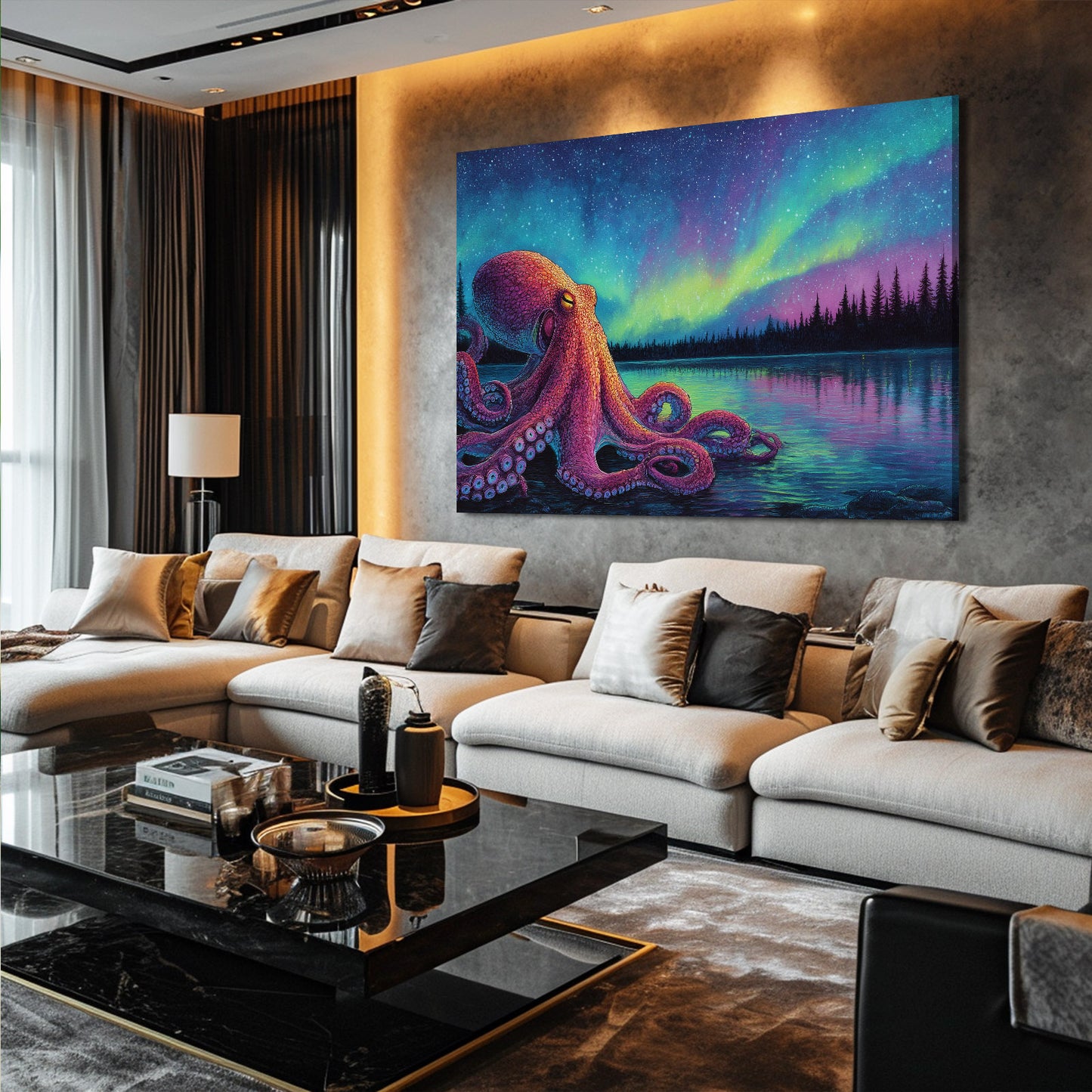 Aurora Lake Octopus Prints – styled in a furnished interior