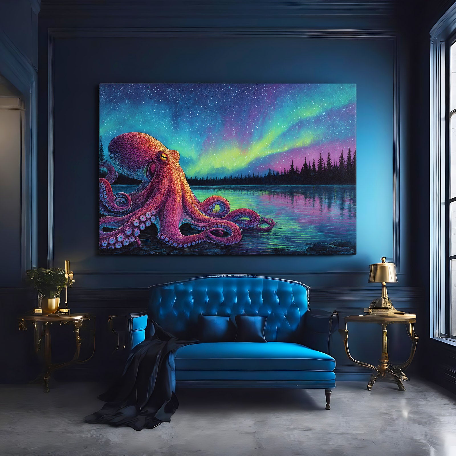 Aurora Lake Octopus Prints – styled in a furnished interior