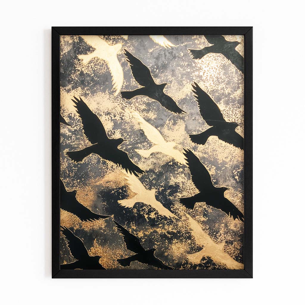 Autumn Bird Cascade Gold Wall Art – with Premium Black frame on white background