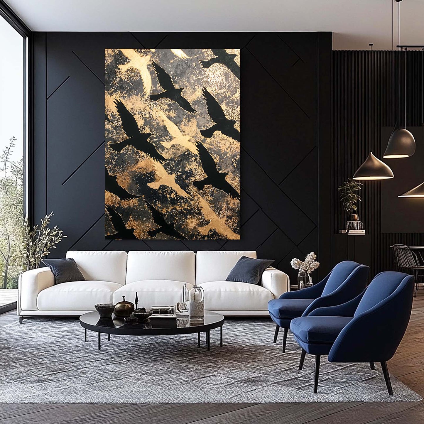 Autumn Bird Cascade Gold Wall Art – styled in a furnished interior