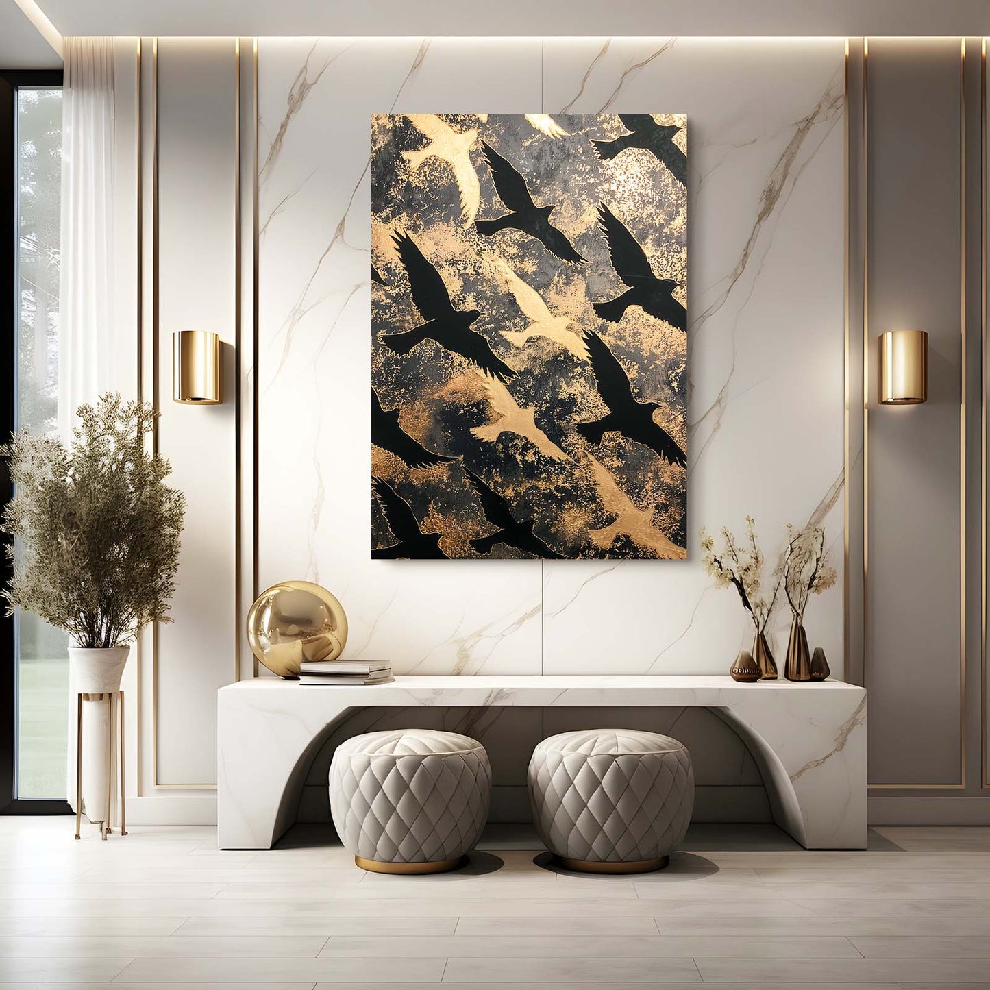 Autumn Bird Cascade Gold Wall Art – styled in a furnished interior