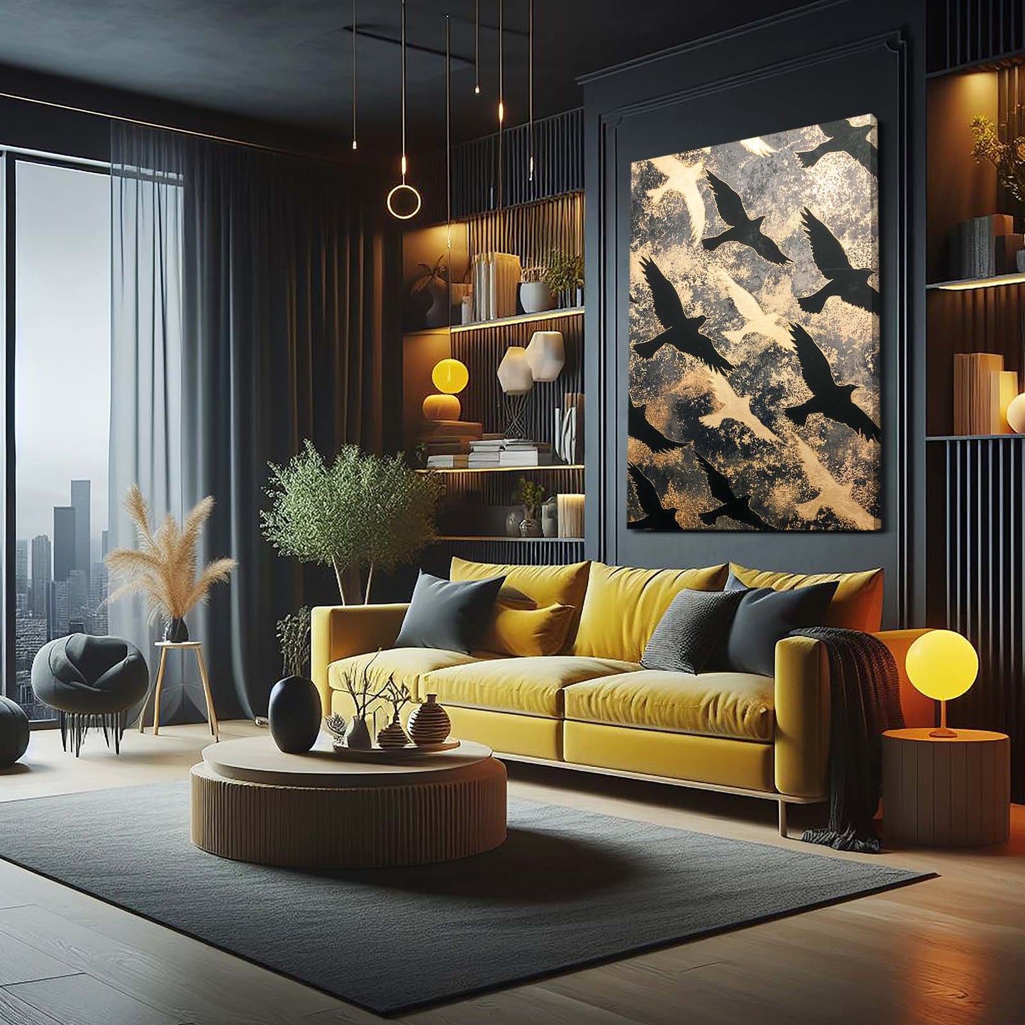 Autumn Bird Cascade Gold Wall Art – styled in a furnished interior