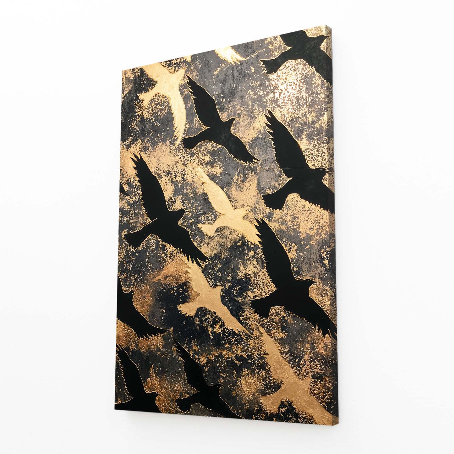 Autumn Bird Cascade Gold Wall Art – angled canvas view on white background