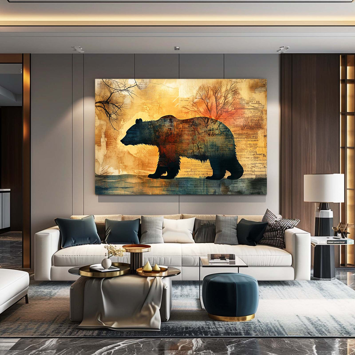 Autumn Collage Silhouette Bear Prints — contemporary canvas print, styled in a furnished interior