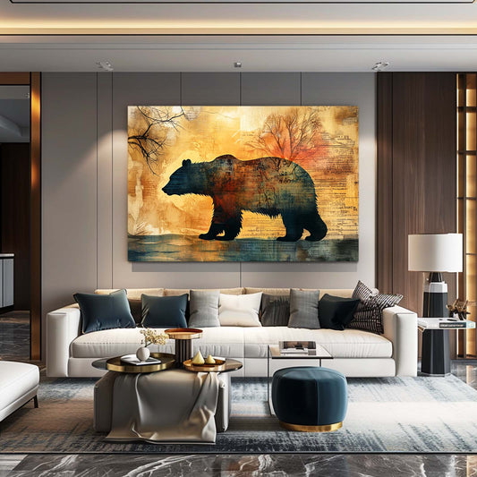 Autumn Collage Silhouette Bear Prints — contemporary canvas print, styled in a furnished interior