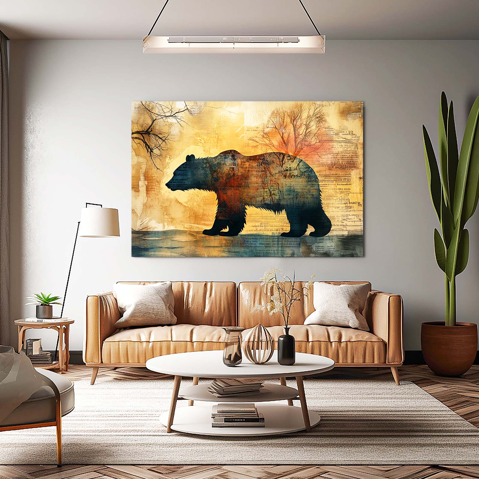 Autumn Collage Silhouette Bear Prints — contemporary canvas print, styled in a furnished interior