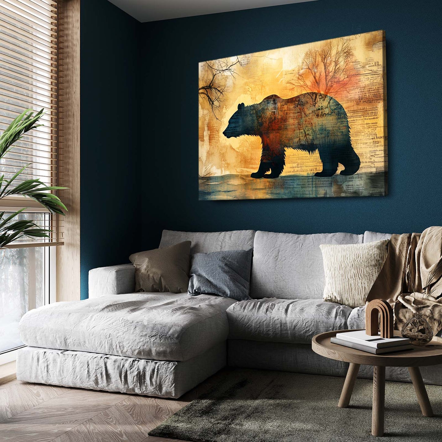 Autumn Collage Silhouette Bear Prints — contemporary canvas print, styled in a furnished interior