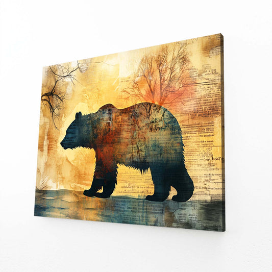 Autumn Collage Silhouette Bear Prints — contemporary canvas print, angled canvas view on white background