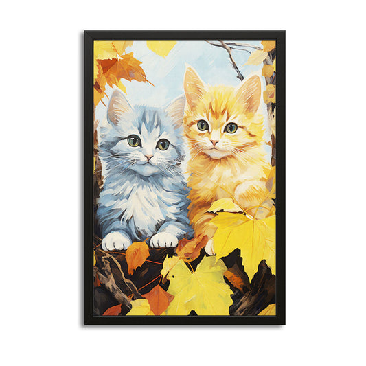 Autumn Companions Cat Wall Art — contemporary canvas print in orange tones, with Premium Black frame on white background