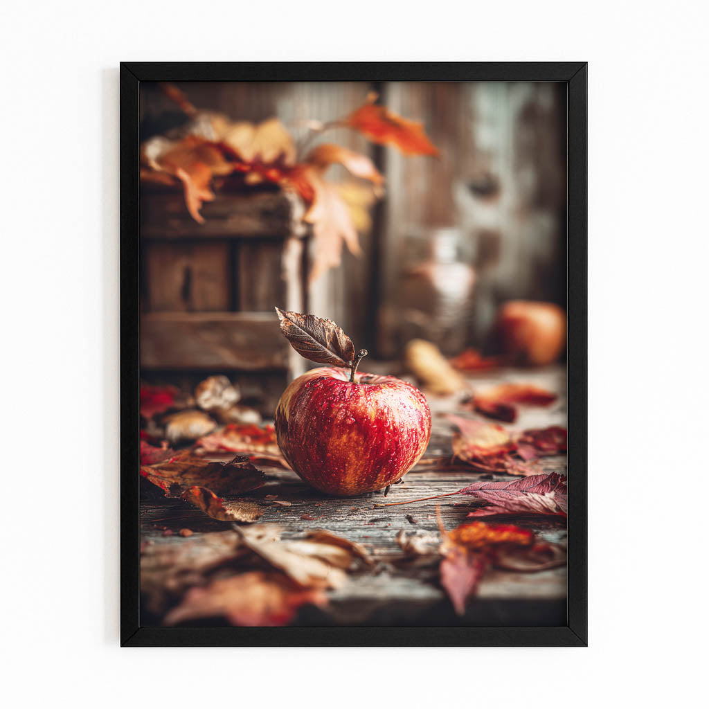 Autumn Leaves Rustic Apple Art – with Premium Black frame on white background