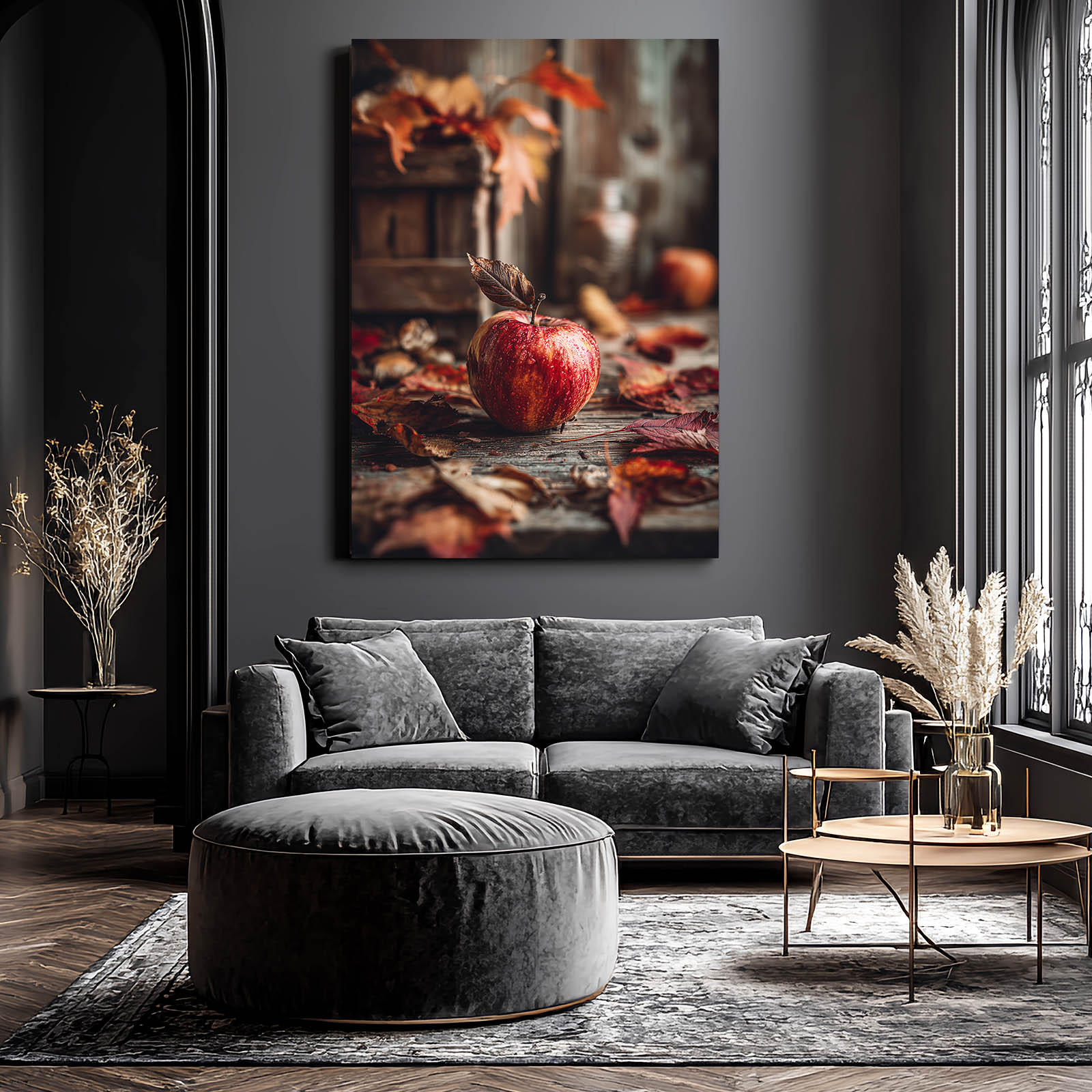 Autumn Leaves Rustic Apple Art – styled in a furnished interior