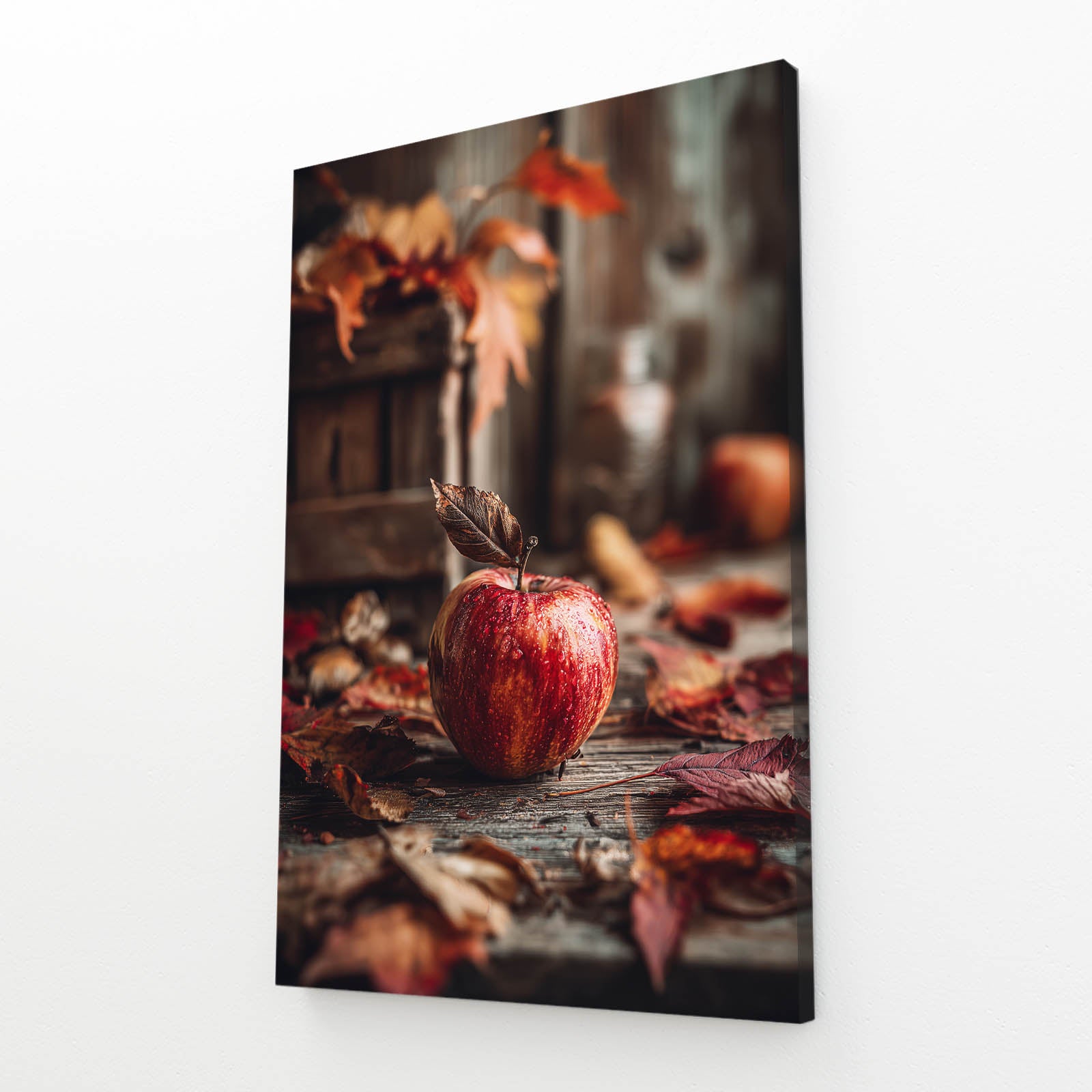 Autumn Leaves Rustic Apple Art – angled canvas view on white background
