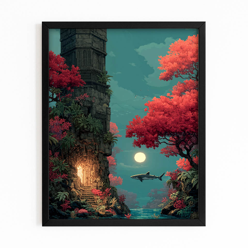 Autumn Moon Tower Shark Wall Decor – with Premium Black frame on white background