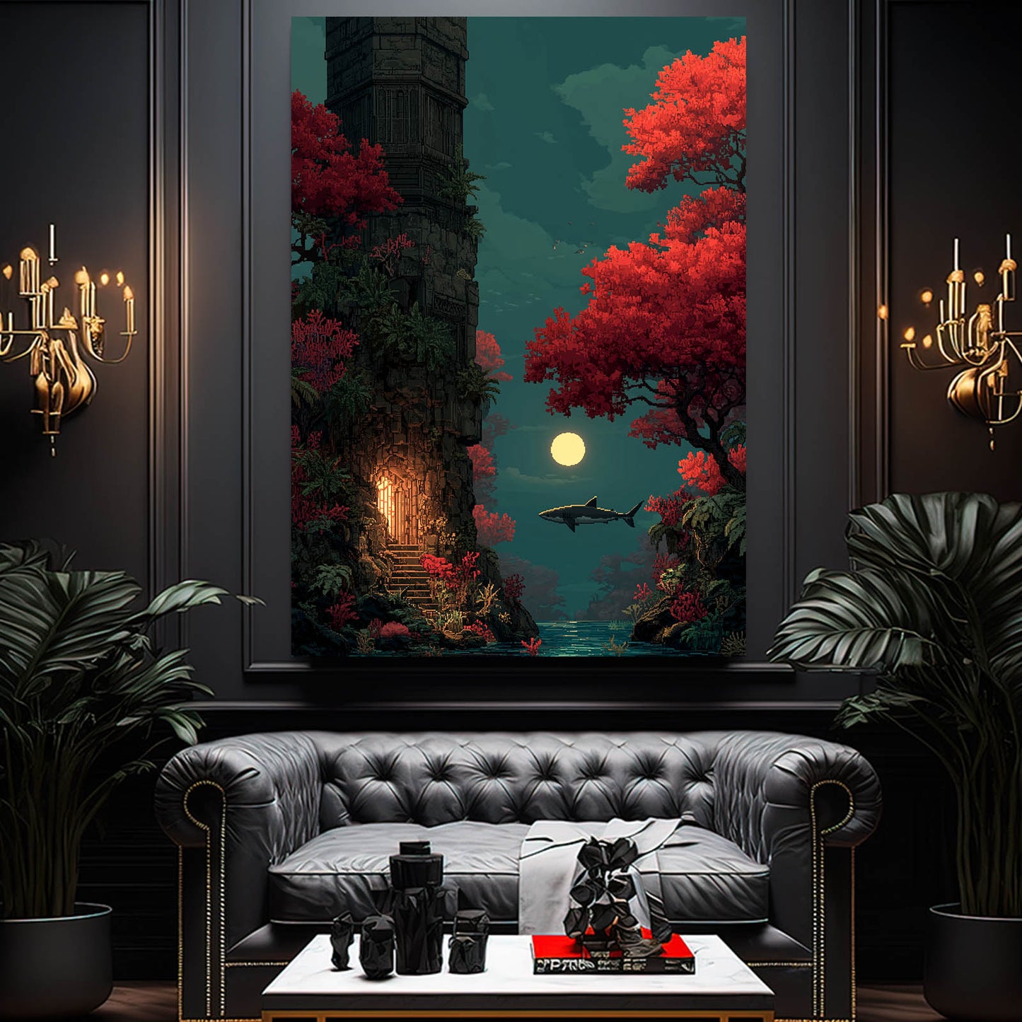 Autumn Moon Tower Shark Wall Decor – styled in a furnished interior