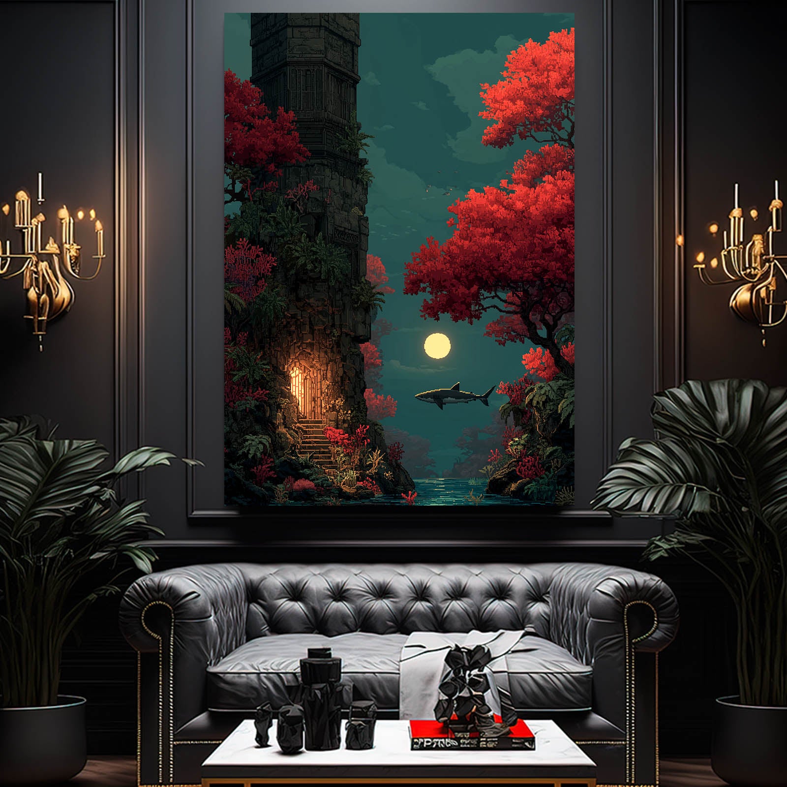 Autumn Moon Tower Shark Wall Decor – styled in a furnished interior