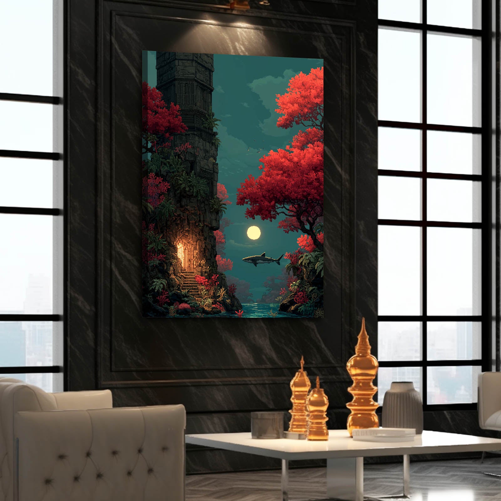 Autumn Moon Tower Shark Wall Decor – styled in a furnished interior