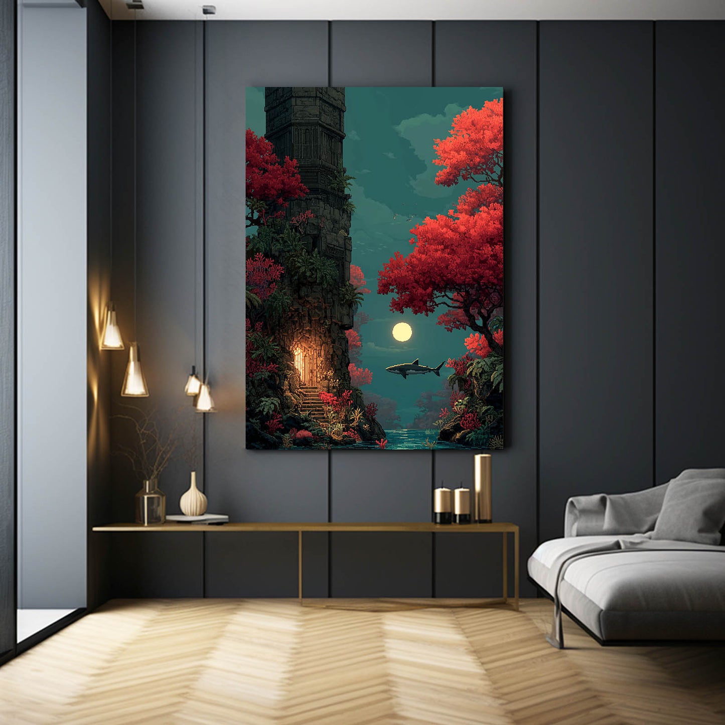 Autumn Moon Tower Shark Wall Decor – styled in a furnished interior