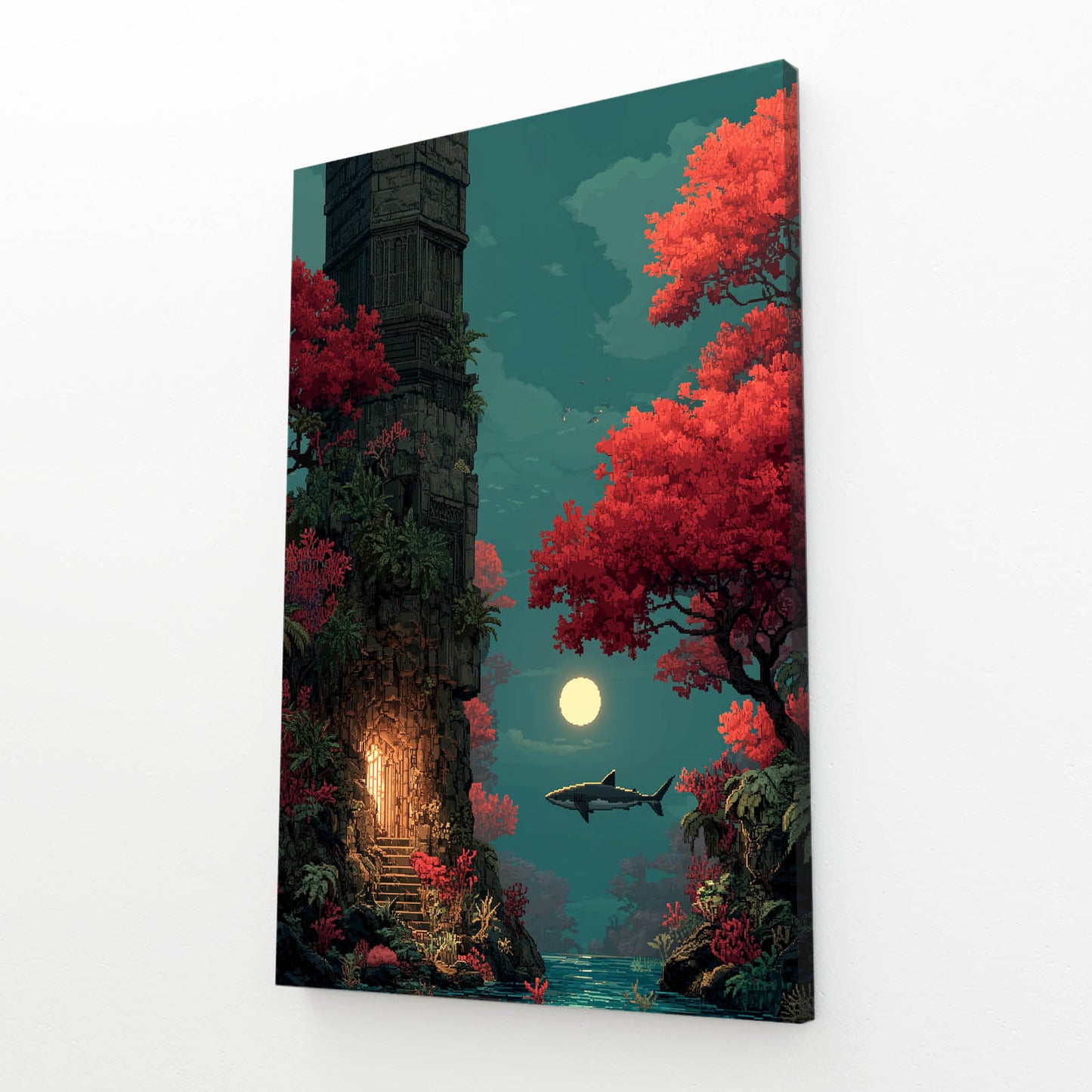 Autumn Moon Tower Shark Wall Decor – angled canvas view on white background