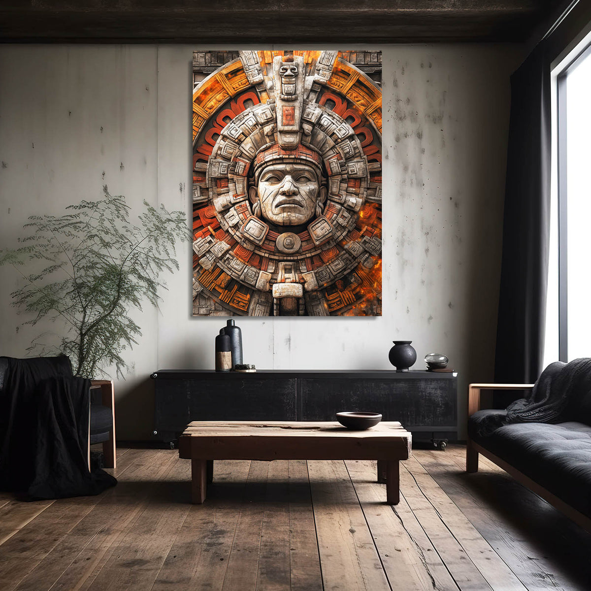 Aztec Sun Stone Mexican Art — realism canvas print, styled in a furnished interior