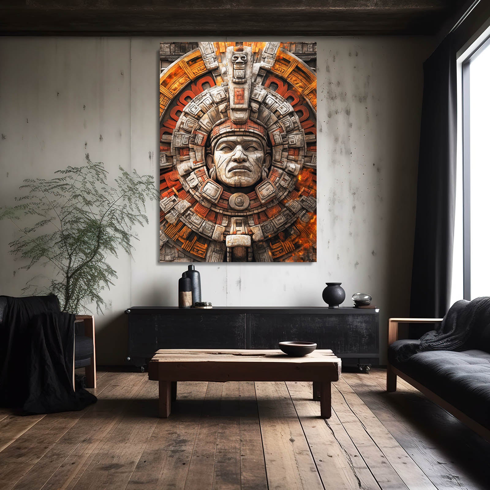 Aztec Sun Stone Mexican Art — realism canvas print, styled in a furnished interior