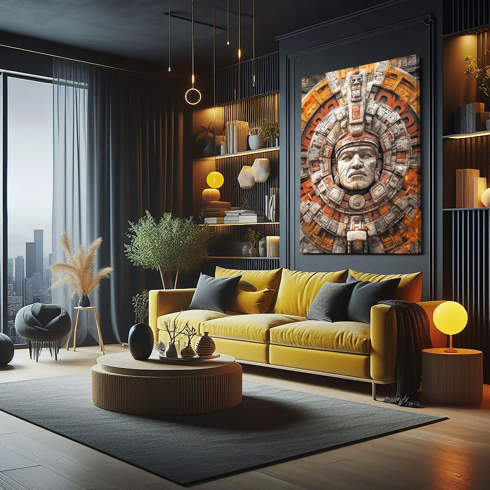 Aztec Sun Stone Mexican Art — realism canvas print, styled in a furnished interior