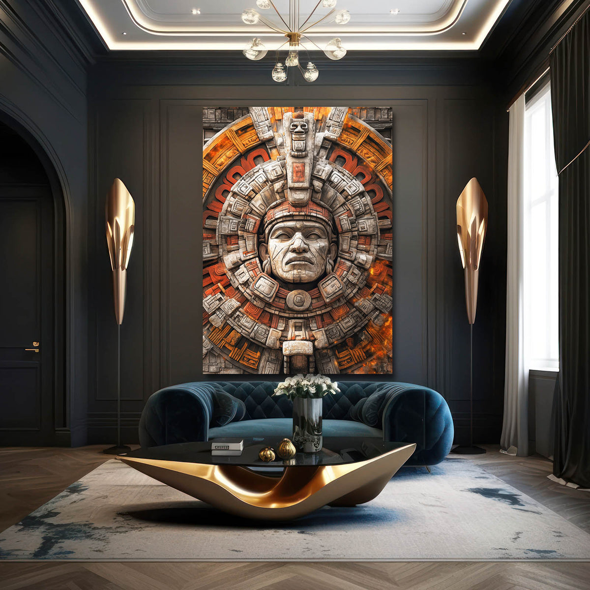 Aztec Sun Stone Mexican Art — realism canvas print, styled in a furnished interior