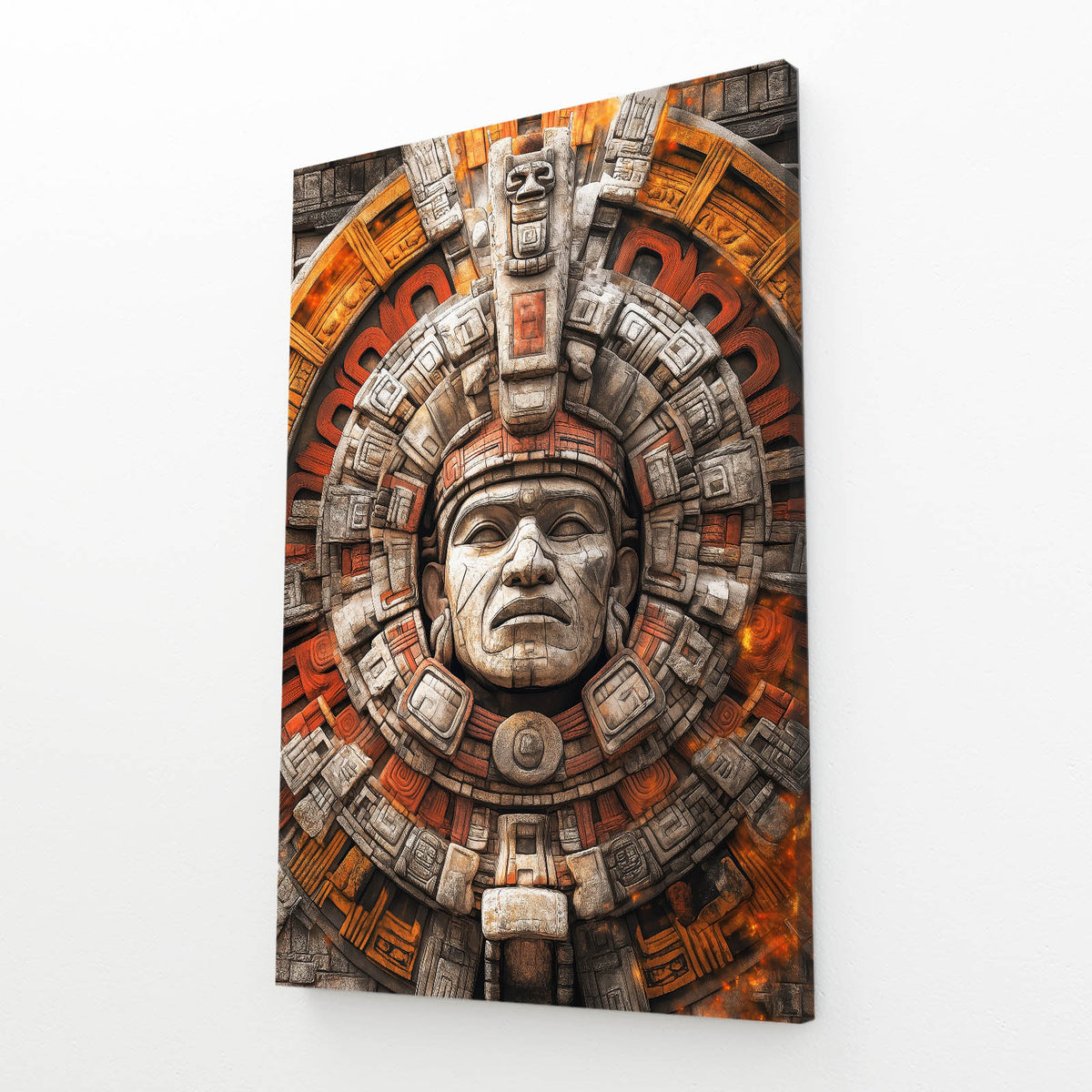 Aztec Sun Stone Mexican Art — realism canvas print, angled canvas view on white background