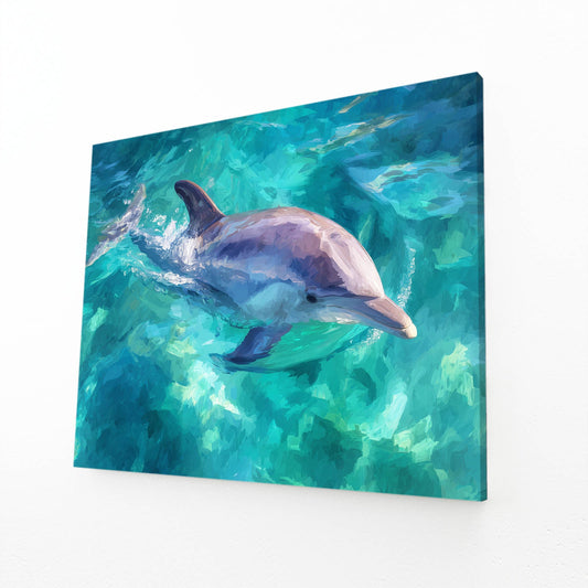 Azure Impression Dolphin Art – angled canvas view on white background