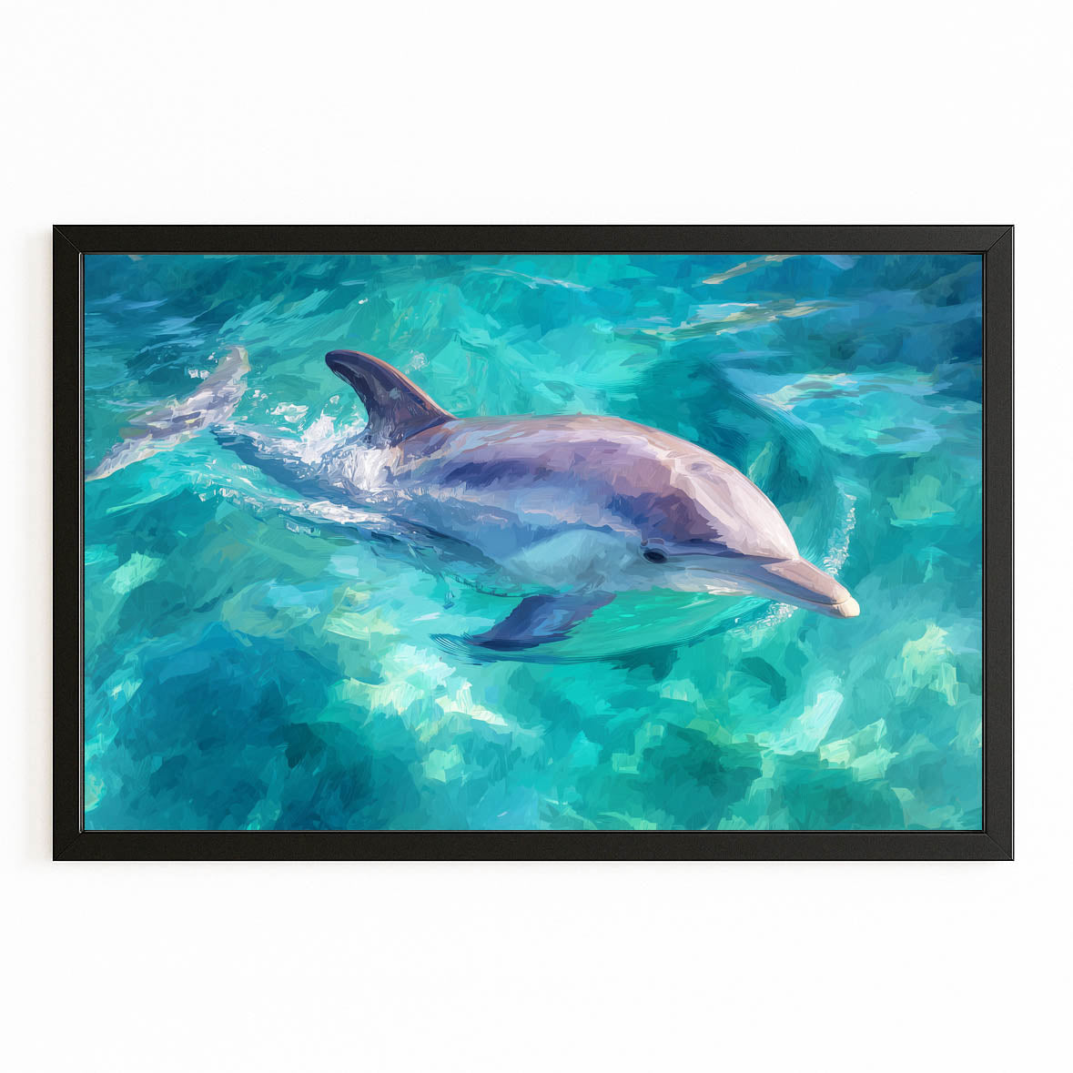 Azure Impression Dolphin Art – with Premium Black wood frame on white background