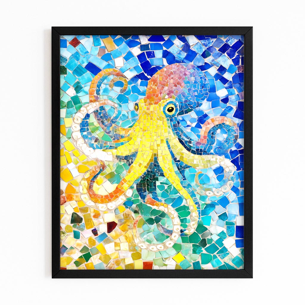 Azure Mosaic Octopus Canvas – with Premium Black frame on white background