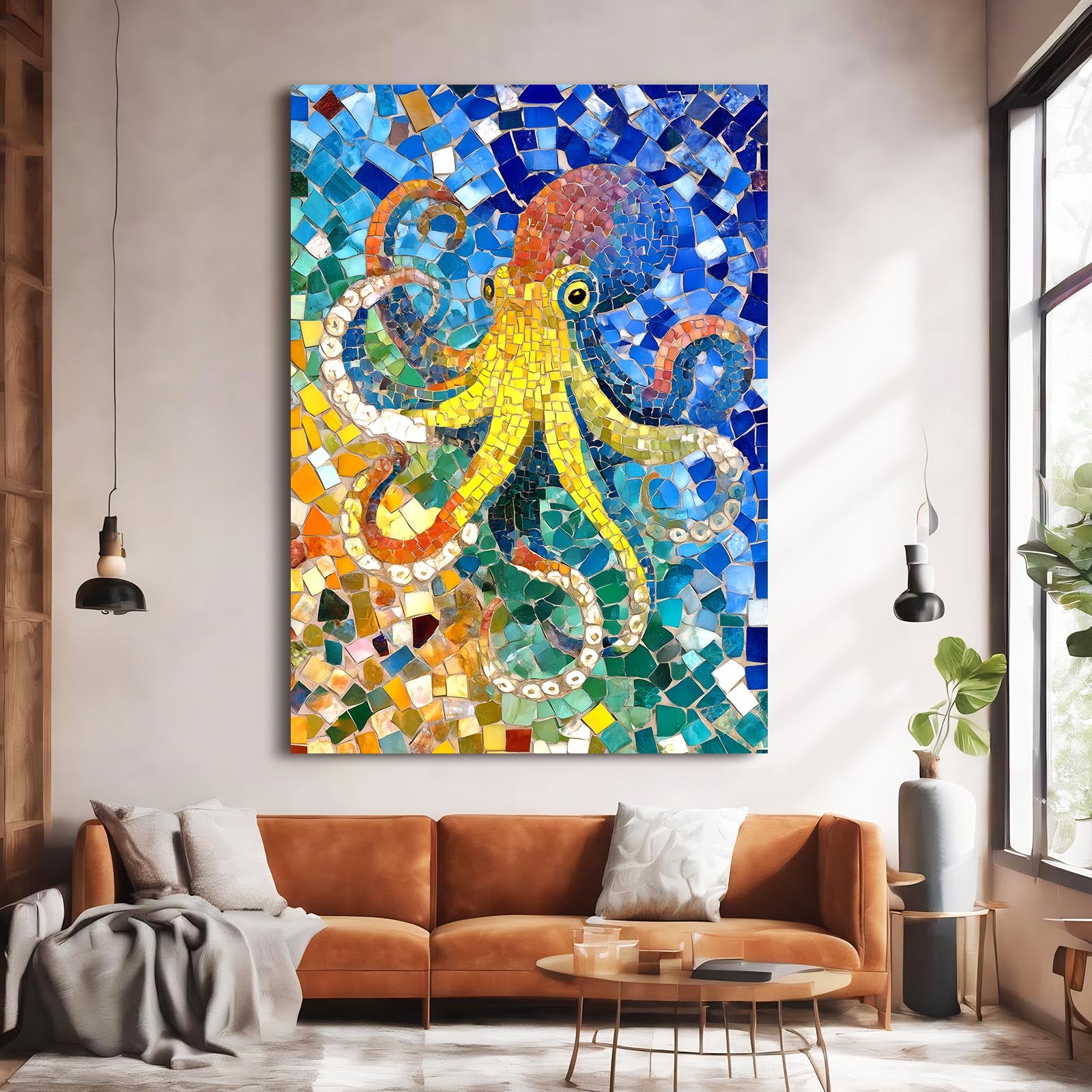 Azure Mosaic Octopus Canvas – styled in a furnished interior