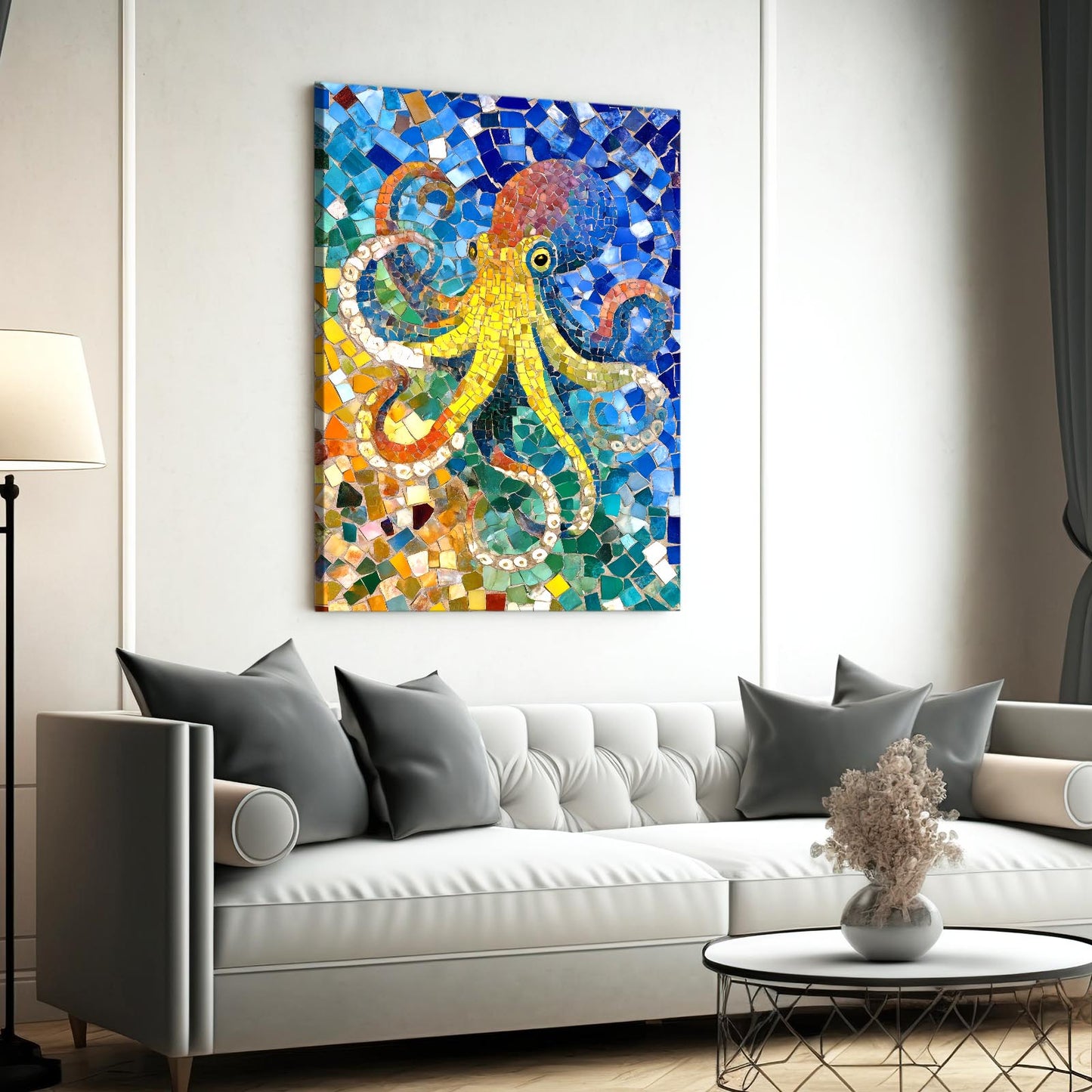 Azure Mosaic Octopus Canvas – styled in a furnished interior