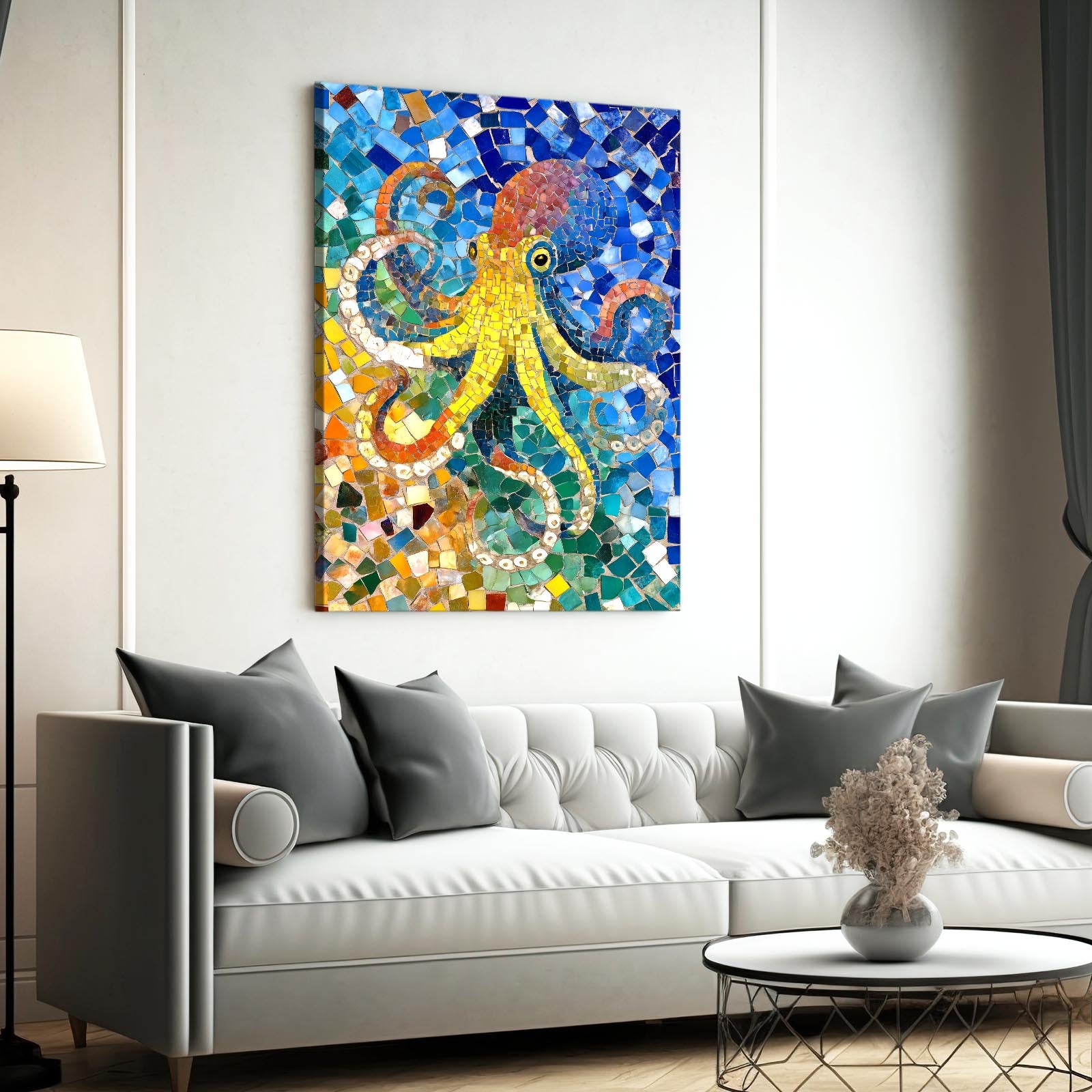 Azure Mosaic Octopus Canvas – styled in a furnished interior