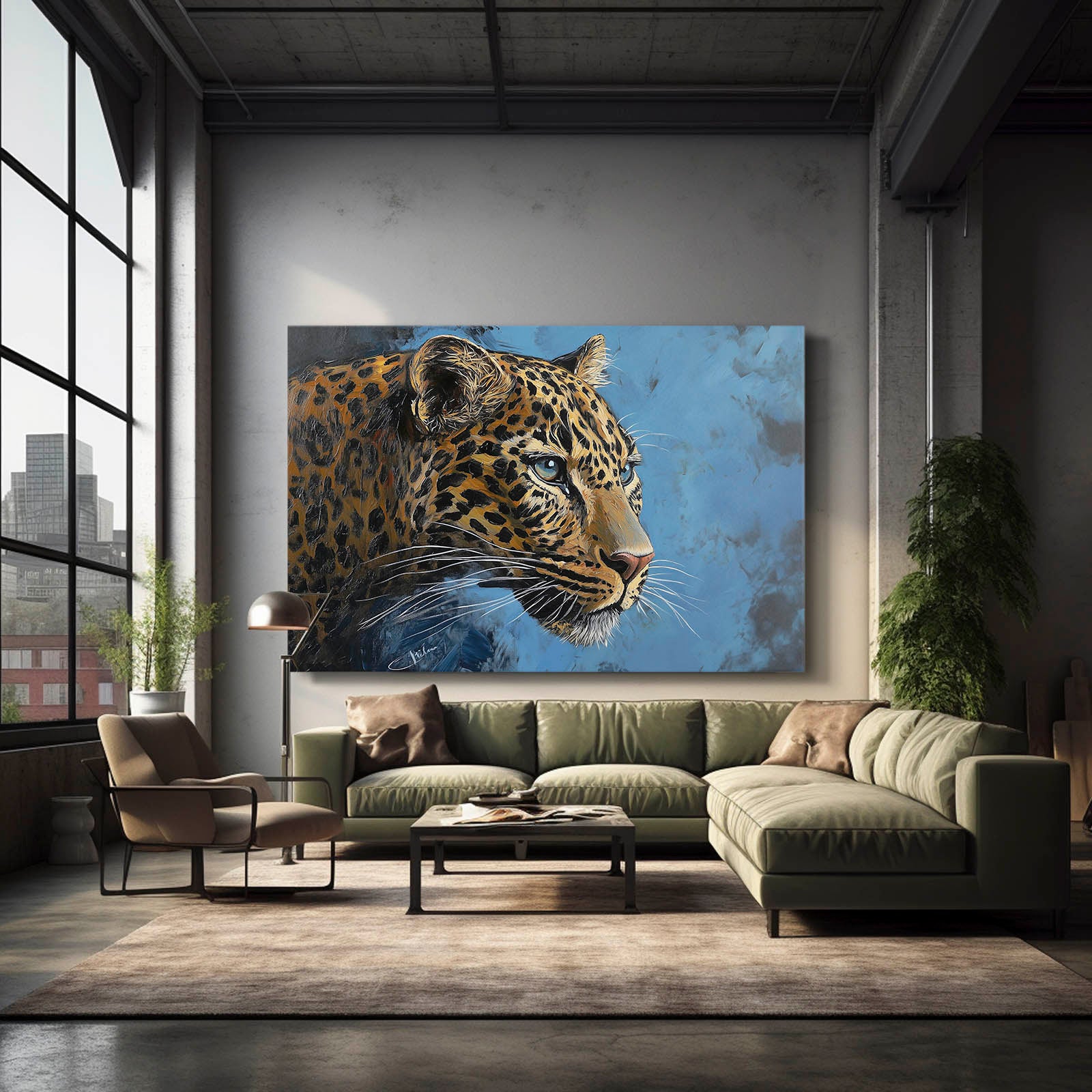 Azure Paint Profile Leopard Wall Art – styled in a furnished interior