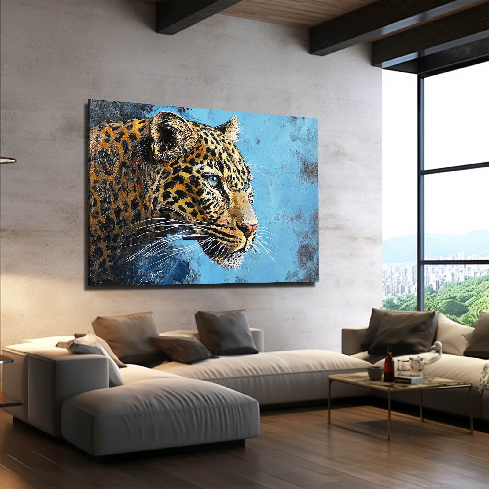 Azure Paint Profile Leopard Wall Art – styled in a furnished interior