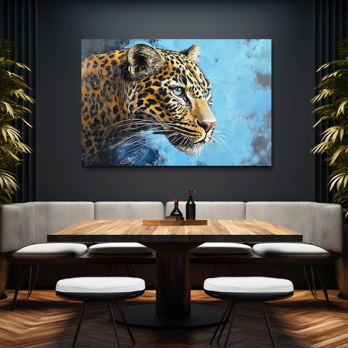 Azure Paint Profile Leopard Wall Art – styled in a furnished interior
