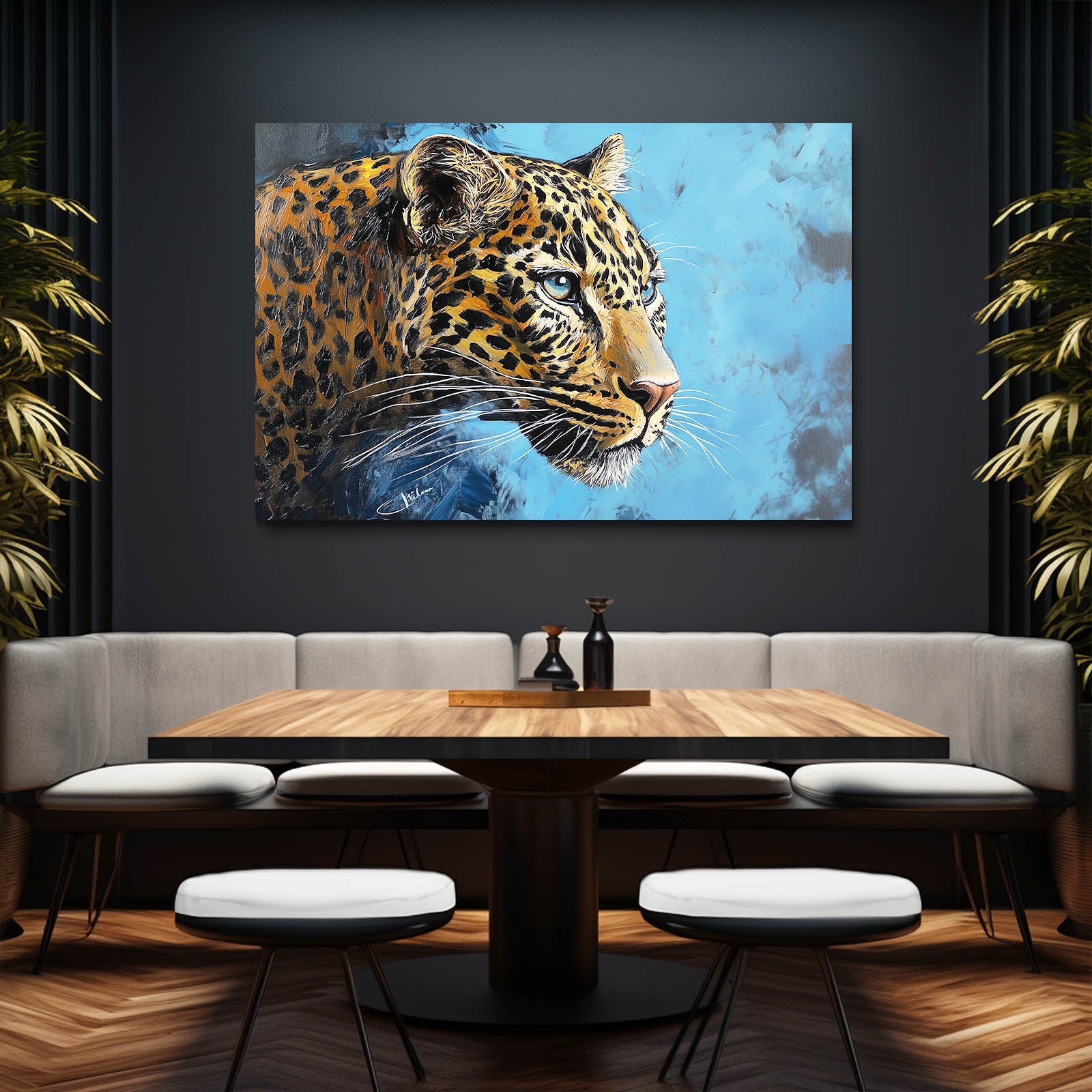 Azure Paint Profile Leopard Wall Art – styled in a furnished interior